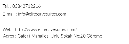 Elite Cave Suites telefon numaralar, faks, e-mail, posta adresi ve iletiim bilgileri
